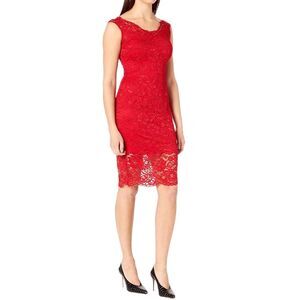 Marina | Red Floral Metallic Lace Overlay Knee Length Sheath Dress, Size M or 8